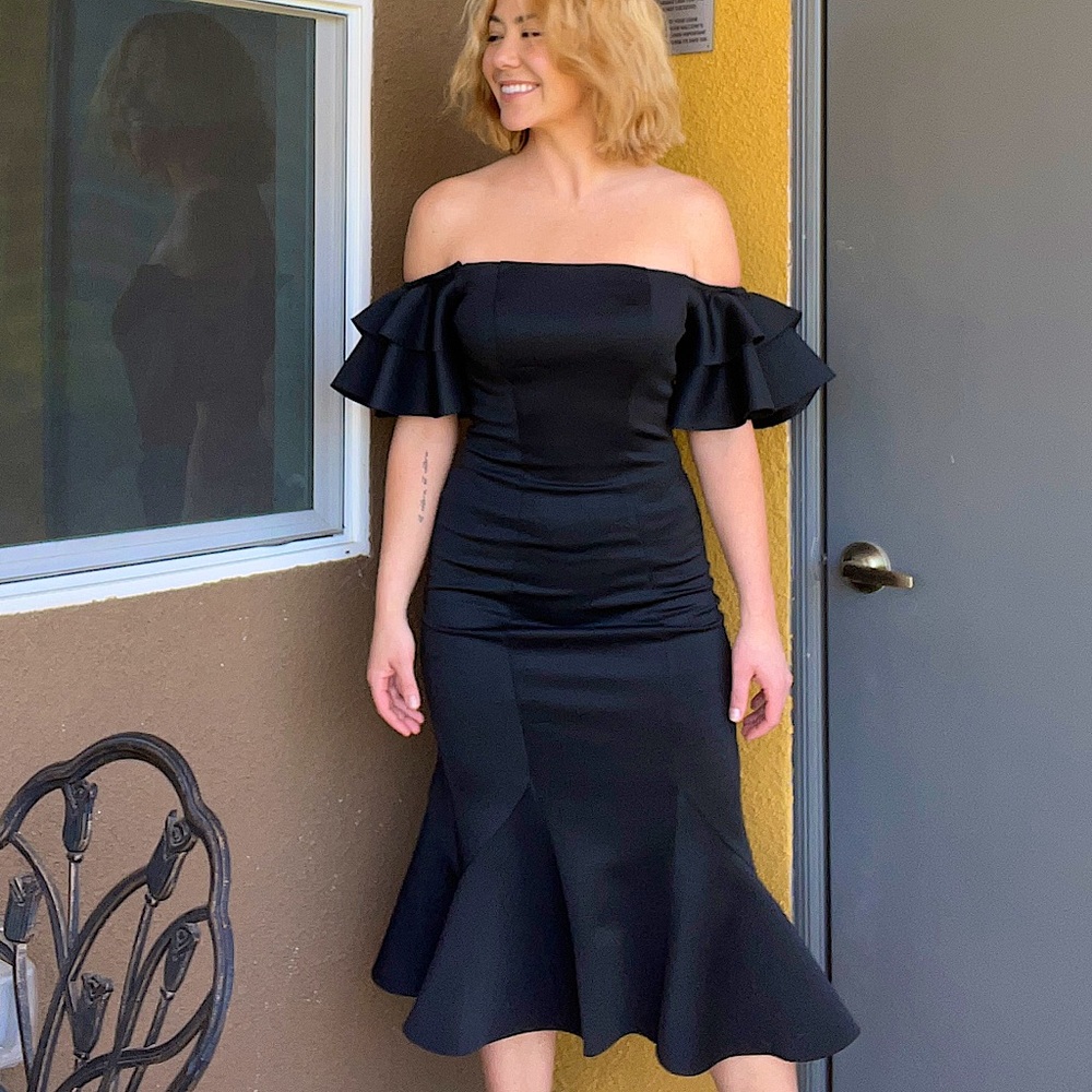 Bardot Frill Midi Fishtail Scuba Dress